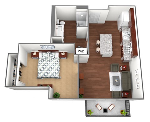 Floor plan for 1 bed, 1 bath, 633 sqft